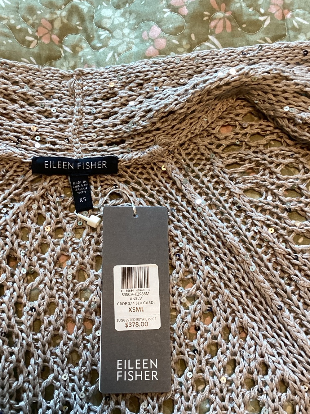 Eileen Fisher Beige Open-Front Sparkle Sequin 3/4 Knit Cardigan XS NWT - Picture 2 of 8